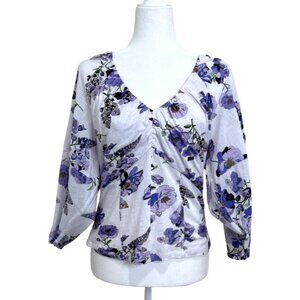 Anthropologie Top Purple Floral 3/4 Sleeve Ruched Blouse Cotton Women Size M NEW